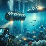 Generate a high-definition image representing the theme of 'Exploring the Depths: A Look at Offshore Discoveries'. Include a scene depicting an underwater submersible using state-of-the-art technology to decipher the vastly unexplored ocean floor. Show elements of deep-sea exploration such as cutting-edge sonar equipment, mineral and oil deposits, unique marine life, and vast underwater landscapes. The focus should be on the interplay between humanity's thirst for discovery, and the awe-inspiring raw beauty and mystery of the deep sea.