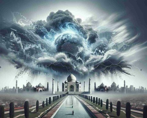 A high-definition, realistic image depicting stormy markets. It demonstrates financial volatility and uncertainty, symbolized by an intricate ensemble of weather elements clashing above a metaphorical representation of global trading. The image should convey the sense of global investors shifting their focus away from a country, symbolically represented by the iconic Indian monument, Taj Mahal. The weather above the monument shows the storm, indicating the challenging economic climate.