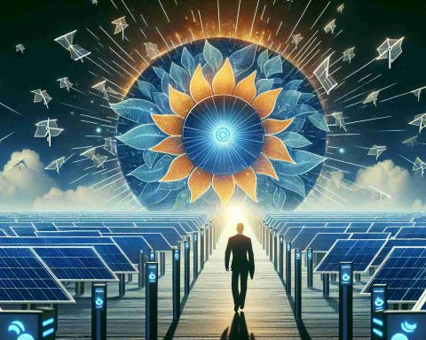 Generate an HD image representing the concept of the 'Solar Revolution'. Visualize this through an abundance of solar panels soaking up the sun's rays, symbolizing a shift towards renewable energy. A company, illustrated as the leader, stands at the forefront, guiding the charge into this new era. Signage or emblems representing 'Enphase Energy' may be visible, signifying their lead in this revolution.
