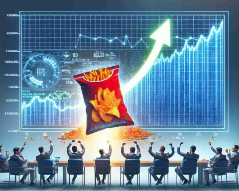 Generate a highly realistic HD image representing the event of a snack manufacturer's initial public offering (IPO). The mood should be exciting and surprising, symbolizing the unexpected high valuation of the IPO. Perhaps, the image can include visuals such as an upward trending graph, a formal business environment, shares of stocks, and symbolic representation of spicy snacks.