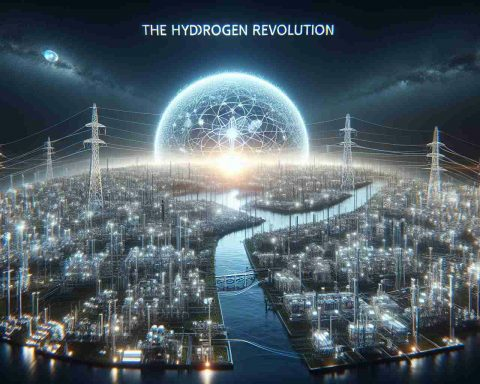 A realistic, high-definition image representing the concept of 'The Hydrogen Revolution'. This should showcase the potential usage of hydrogen power as a sustainable energy source. It should include intricate visual metaphors such as a future city powered entirely by hydrogen, with state-of-the-art infrastructure emitting clean energy beams. The image should convey impressions of advanced technology intertwined with sustainability, the power of innovation and environmental consciousness.