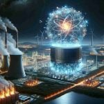 Create a high-definition, realistic image illustrating the concept of Nano Nuclear Energy as the future game-changer. Depict this innovative technology as a tiny yet powerful structure, glowing with intense energy. Show it against a backdrop of traditional energy sources such as coal plants or wind turbines for scale. The moment should capture the contrast between the old and the upcoming new technology.
