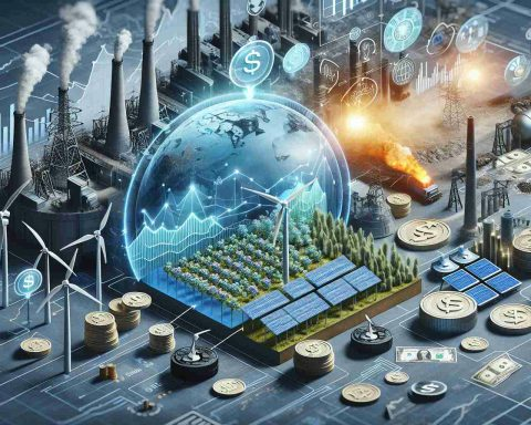 A detailed and realistic HD image showing a conceptual representation of how investors in the energy sector contribute to the future of energy. The scene should include various depictions of renewable energy sources such as solar panels, wind turbines, and hydroelectric dams, juxtaposed with traditional fossil fuel sources like a coal power plant. There should also be symbolic representations of financial investment like stock market charts, coins, or dollar bills. Feel free to portray this metaphorically to convey the evolution of energy industry.