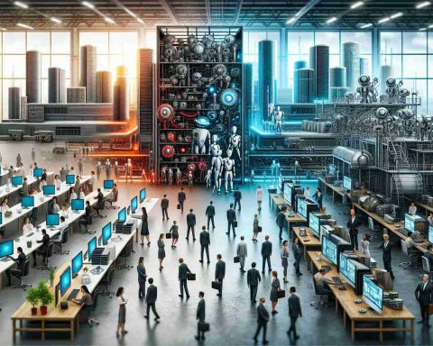 An HD photo showcasing the concept of 'The AI Revolution: Companies Evolving or Facing Extinction?'. There are two halves of the image. On the left, picture a thriving company, forward-thinking, and brimming with modern technologies like AI robots and high tech computer systems. Depict employees of various descents, gender balances of both men and women, all busy with their duties in this high-tech environment. On the other hand, the right side should show a bleak landscape of a company failing to adapt to changes, with older machinery and empty work stations to reflect outdated operations.