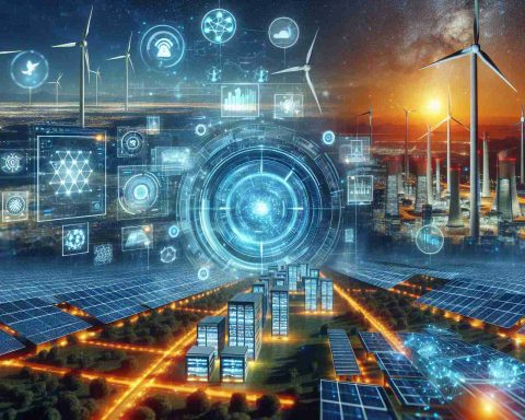 Generate a realistic high-definition image showcasing the unveiling of the future in the field of energy management, highlighted by the fusion of advanced technology and artificial intelligence. Picture modern technologies like solar panels, wind turbines, energy grids, and data centers, along with holographic interfaces and complex algorithms demonstrating the application of AI in energy management.
