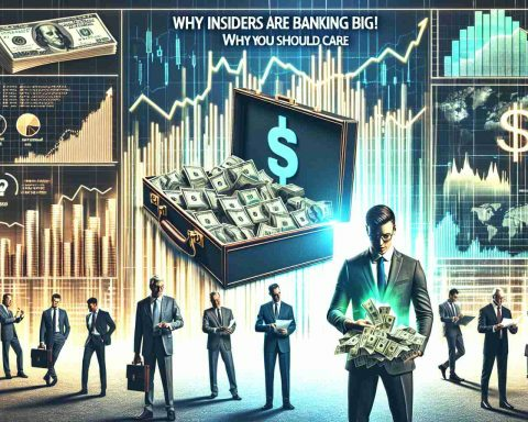 Create a realistic, high-definition graphic image that represents the concept of 'insiders' making large profits in the financial sector and the importance of understanding these trends for personal investment strategies. This could feature symbolic elements such as bullish stock market charts, a cash-filled briefcase opened by an experienced investor, or a proud banker counting his earnings. Overlay these scenes with the highlighted text: 'Why Insiders are Banking Big! Why You Should Care'. All people shown in the image should be a mix of genders and descents, reflecting a diverse financial sector.
