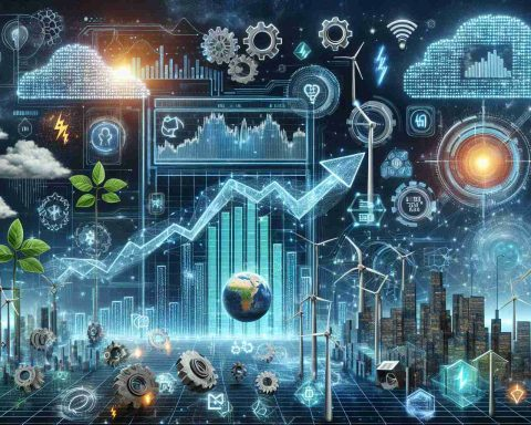Realistic high-definition illustration symbolizing the future of BTU stock, exemplifying the fusion of innovation and energy. Visualize a modern stock exchange interface with fluctuating chart lines indicating growth, supplemented with energy representation such as solar panels, wind turbines, and electrical sparks. Also incorporate symbols of innovation such as gears, pixelated cloud symbolizing digital transformation, and a futuristic cityscape in the background.