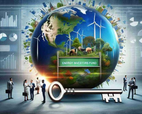 A high definition, realistic image depicting the concept of an Energy Investors Fund being the key to a sustainable future. Include visual symbols like a large metallic key labeled 'Energy Investors Fund' unlocking an oversized, beautiful, spherical globe that appears highly sustainable. Depict flourishing green forests, shimmering blue oceans, and thriving wildlife. Include also solar panels, wind turbines, and potential investors in the background, representing diverse ethnicities and genders, discussing plans and financial charts. Capture a optimistic and hopeful aura.