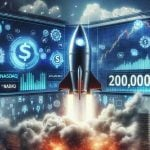 Create a realistic HD image of the NASDAQ index scoreboard displaying a value surpassing 20,000, with stunning symbols of technology-related rocket lifting off in the background. Also incorporate symbols or charts indicating a significant market surge, powered by unseen tech industry giants.