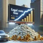 Realistic HD photo representing the concept of a massive financial payout for Uber investors, symbolized by a large pile of gold coins and dollar bills. Nearby, a skyrocketing graph stands tall, symbolizing escalating legal costs. The graph is placed on a billboard with the words 'Legal Costs Soar' written underneath. The backdrop should have tall office buildings representing a financial district.
