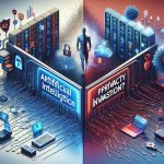 Realistically detailed image that represents the concept of 'Artificial Intelligence Revolution or Privacy Invasion?'. It explores the idea of a bold gambit being played by a technological company, Stripe, hinting at potential dangers of innovation compromising your data. The image should visualize a balance between advancing technology and potential risks to privacy. It can include graphical elements such as servers, networks, AI symbols colliding with privacy symbols such as padlocks, keyboards and encrypted data. Challenges of technology and privacy are shown clashing or merging together.