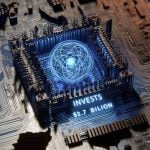 A high-resolution, hyper-realistic image representing the concept of a quantum technology revolution. An abstract embodiment of technology innovation in the form of intricate circuits, quantum computing chips, and futuristic technology elements. Imprinted in the foreground is the phrase 'Invests $2.7 Billion,' symbolizing a hefty financial commitment. The backdrop of the image includes the silhouette of the United States map, denoting the country's role in this technological advancement.