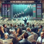 Create a realistic high-definition image representing a stock market scene. The center of attention is a board displaying an index reaching record highs. Surrounding this, busy traders, a diverse range of men and women from different descents: Caucasian, Hispanic, Black, Middle-Eastern, and South Asian race, are reacting with a mix of excitement and apprehension, hinting at the uncertain future- 'Will the bubble burst?'. There's also a visible newspaper headline in the foreground that reads 'Is the Bubble About to Burst?'