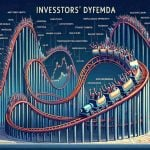 A conceptual artwork portraying a thrilling roller coaster ride that metaphorically represents the fluctuating nature of stock market prices. This abstract ride is labeled 'Investors' Dilemma'. The coaster track is treacherously twisting and turning, portraying sharp climbs, exhilarating drops, and sudden bends, symbolizing the unpredictability of investing. Please include data charts, risk and opportunity signs along the ride and terrified & excited visitors symbolizing investors.