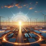 Generate a realistic high-definition image showing the future perspective of an energy company named 'Dominion Energy' under the theme 'A New Horizon'. The image should depict advanced, eco-friendly energy production methods, futuristic wind turbines, and solar panels on a beautiful horizon with an open clear sky. As a symbolic representation, include a dawn marking the beginning of a new era.