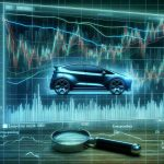 A detailed and realistic HD image of a stock market chart with focus on a fictitious electric vehicle company. The chart should present unexpected trajectory and various hidden patterns should be unveiled, implying an in-depth analysis of the company's performance.