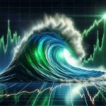 A high-definition, realistic image representing the metaphorical 'unstopping' success of a large AI company, symbolically depicted as a massive green-tinted tidal wave dramatically surging forward over a stock market graph, which signifies a surge in the company's stock.