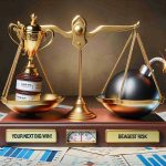 An ultra-high-definition realistic image showing a balance scale, on one side a golden trophy labeled 'Your Next Big Win!' and on the other side a ticking time bomb labeled 'Your Biggest Risk?'. The surrounding scene should hint at the financial market with scattered papers showing stock graphs and charts.