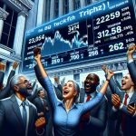 A detailed, HD, realistic illustration of a moment of excitement in Wall Street during 2025. Traders, both men and women of black and Caucasian descent, express joy. The grand electronic ticker shows an intense rise in numbers associated with technology companies, symbolizing the Big Tech Frenzy. The discourse buzzes with enthusiasm and optimism as the stock market starts the year with a significant upward momentum.