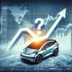 Create an image representing the explosive growth of an electric car company. The image can be an infographic showing a sharp upward curve on a graph, to symbolize the company's rapid growth over time. The background could be a stock market setting, showcasing the financial aspect of the company's expansion. There should be a question mark hovering above the chart, symbolizing potential investor uncertainty about whether it's the right time to invest.