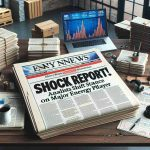 Create a realistic HD image displaying a newspaper headline about an unexpected turn of events. The headline reads, 'Shock Report! Analysts Shift Stance on Major Energy Player.' Visualize the newsroom backdrop with piles of newspapers, a laptop displaying statistics, and coffee mug on the side.