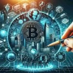 Create an HD photo suggesting the concept of MicroStrategy becoming a significant player in the realm of cryptocurrency. This visualization can incorporate imagery of advanced technologies that might push the organization in that direction, such as blockchain, AI algorithms, and data centers.