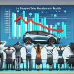 Create an HD realistic image depicting the theme 'Is a prominent electric car manufacturer in trouble?'. Show charts on a wall indicating slowing sales growth and worried investors, represented by a diverse group of people staring at these charts with expressions of concern.