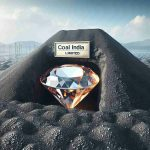 High-definition, realistic image showing a conceptual representation of 'untapped potential' manifested as an unopened gemstone within a large deposit of coal. The label 'Coal India Limited' is featured prominently as text on the landscape.