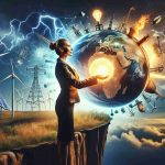 Ultra-high definition photo illustrating a symbolic representation of a wealthy individual's audacious decision, that might potentially transform the energy industry. The scene includes a poised, confident female Caucasian business executive in formal attire, holding a glowing globe in her hands, depicting her influence on the global energy markets. The background is filled with various symbols of the energy sector, like wind turbines, solar panels, traditional oil rigs, and nuclear power plants, balancing on the edge of a cliff, showing the precarious state of the sector.