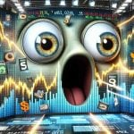 Generate a symbolic, high-definition image illustrating the concept of surprising fluctuations in Amazon's premarket trading activity. Include depictions of financial graphs showing rapid rises and falls, alongside visual metaphors for surprise, such as widened eyes or raised eyebrows. The setting should be a stock exchange or a trading floor to emphasize the context of NASDAQ.