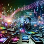 A realistic, high-definition image capturing the transformative nature of technology tricks. Foreground: A vibrant depiction of various digital devices (smartphones, laptops, tablets) displaying intriguing bits of code or software, arranged in a way that suggests something groundbreaking is about to happen in the tech world. Background: An array of musical notes drifting away from a pair of wireless headphones, indicating the evolution or revolution in music due to tech innovations.