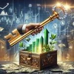Create an engaging and realistic representation in high definition of the concept of 'Unlocking Hidden Gems: Value Stocks Poised for Growth'. This visual metaphor could consist of a giant metaphorical gem-studded key made of shiny gold unlocking a colossal treasure chest, that is intricately carved with business and financial icons. Emerging from the chest are symbols denoting growth like green sprigs, upward-directed arrows, and bar graphs. Also include a firm background of Wall Street with bustling activity.